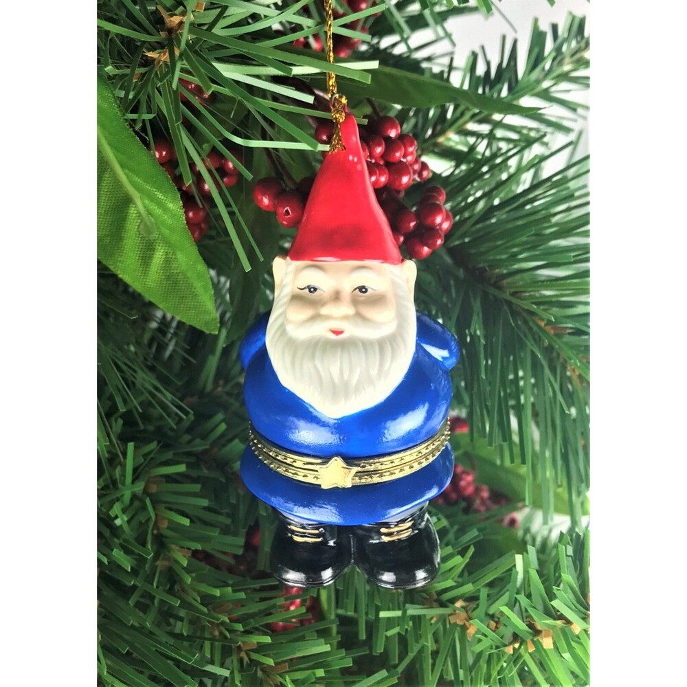 Blue Santa Gnome Porcelain Hinged Trinket Box Christmas Ornament